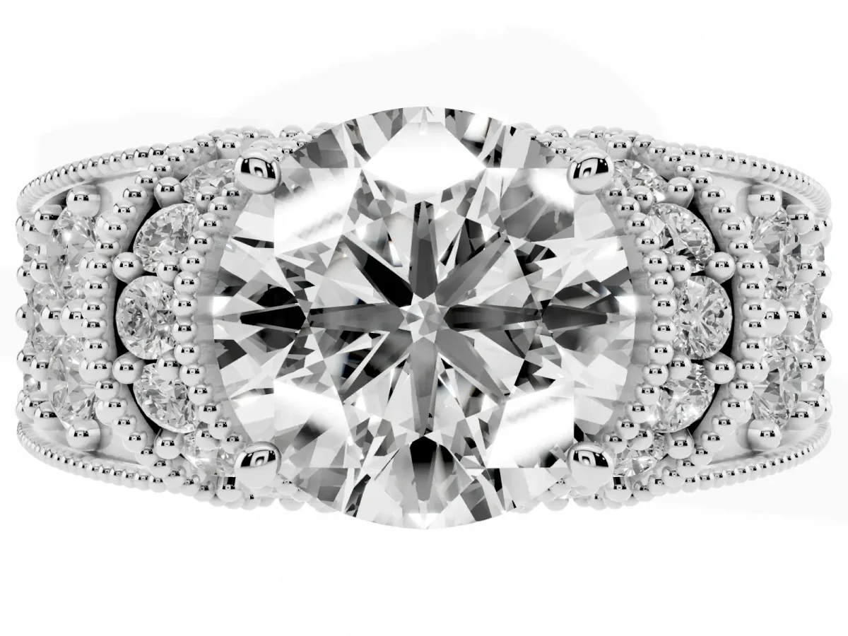 Round Cut Halo Pave Diamond Engagement Ring with Milgrain Detailing Silver