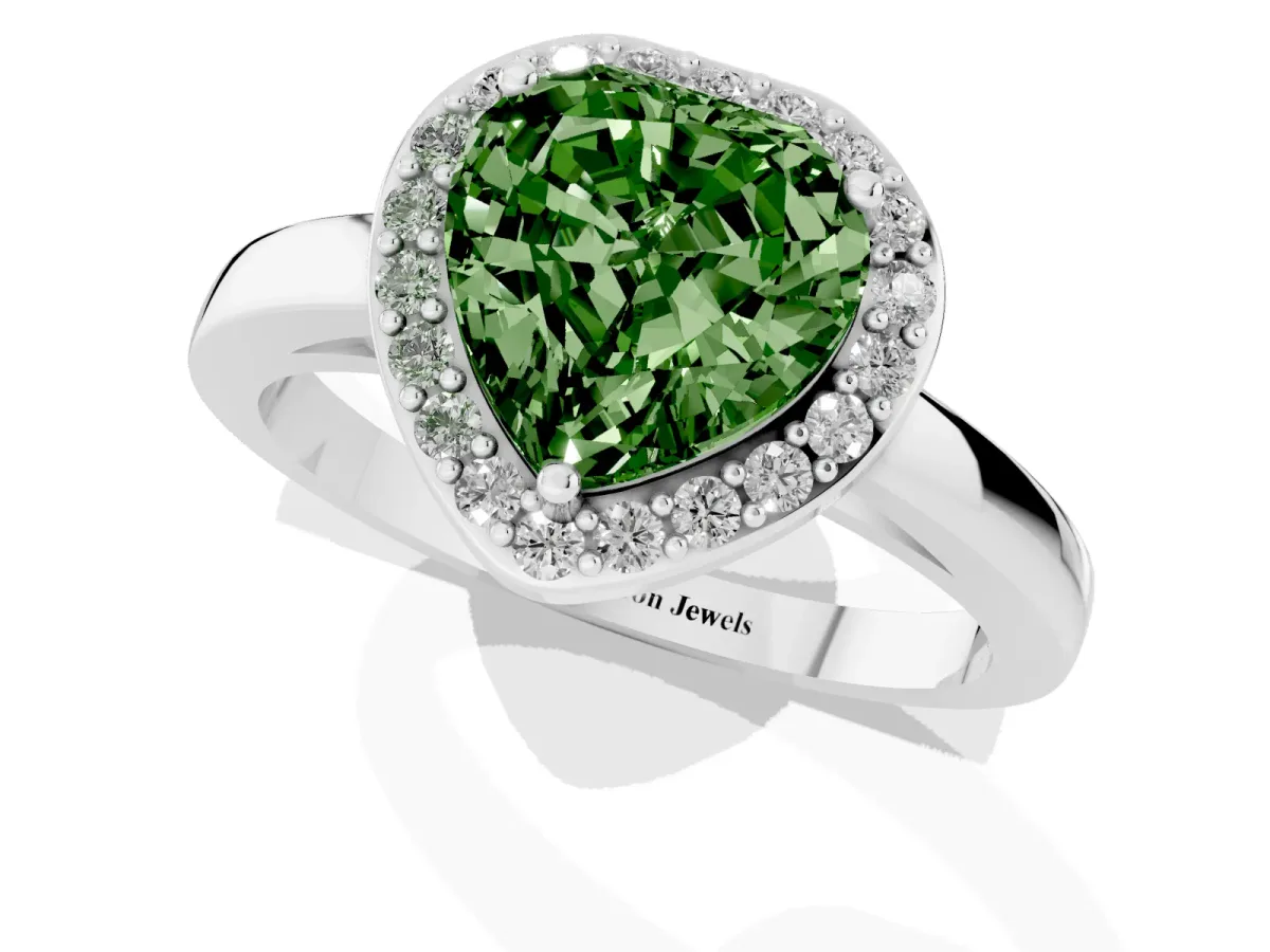 Fancy Green Heart Cut Halo Diamond Ring with Solitaire Band and Prong Setting Silver
