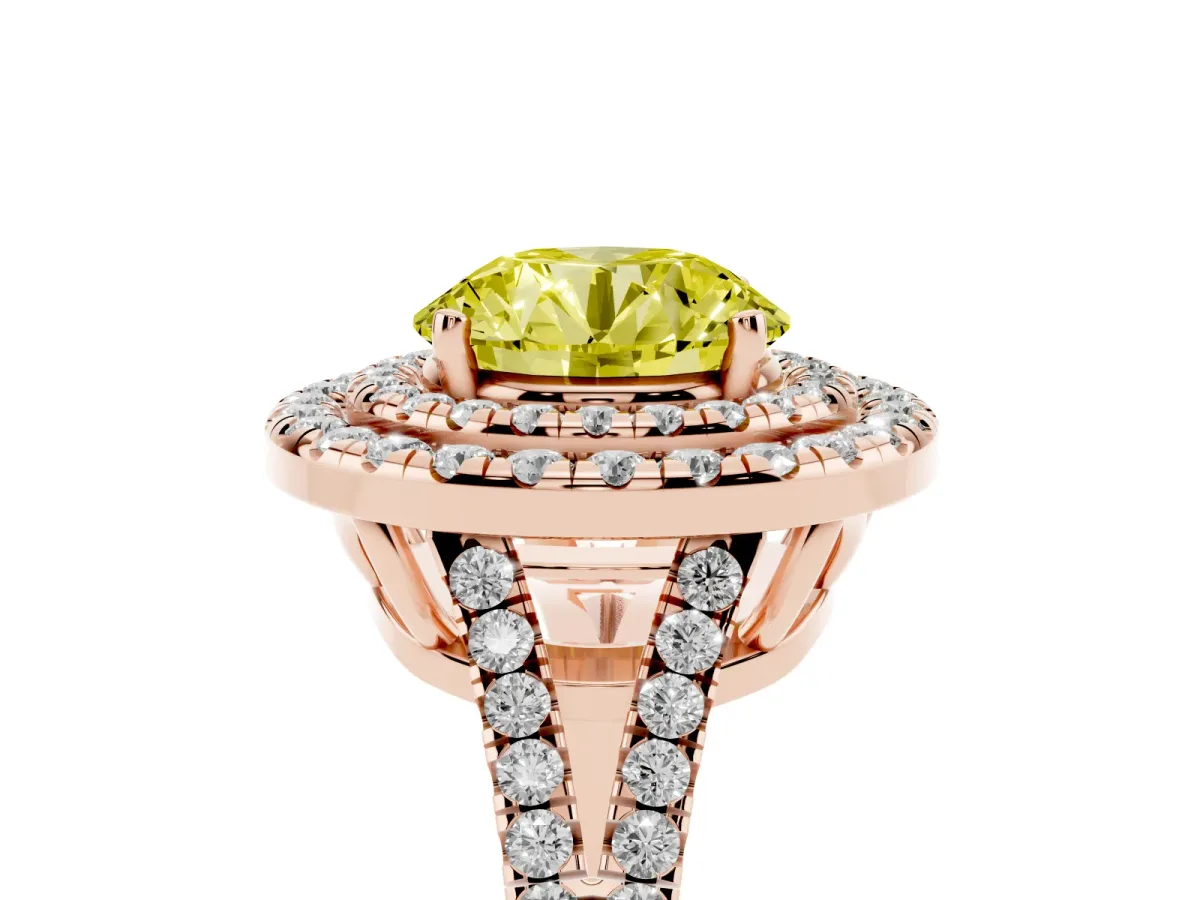 Fancy Yellow Round Cut Diamond Double Halo Ring with Pavé Band and Prong Setting Rose gold