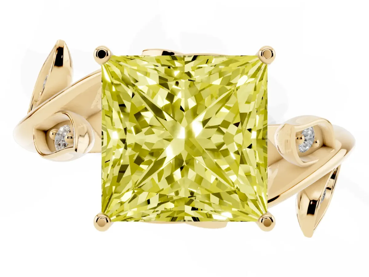 Fancy Yellow Princess Cut Solitaire Twist Engagement Ring with Leaf Accents and Prong Setting Yellow gold
