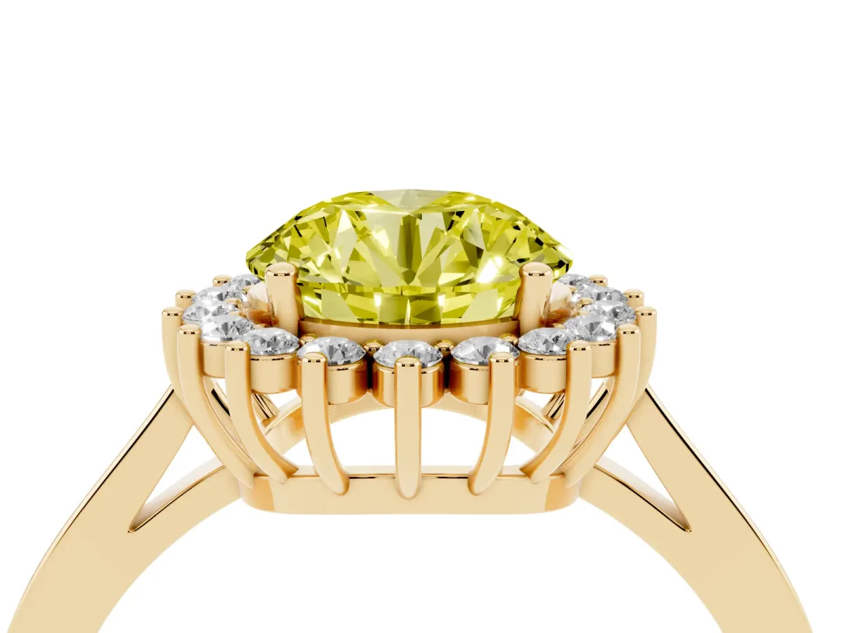 Fancy Yellow Round Cut Cut Diamond Halo Ring with Round Brilliant Halo and Solitaire Band Yellow gold