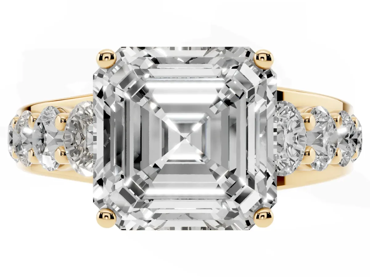Asscher Cut Diamond Engagement Ring with Pavé Band and Four-Prong Setting Yellow gold