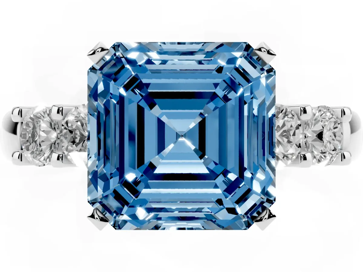 Fancy Blue Asscher Cut Brilliant Cut Diamond Five-Stone Prong Set Engagement Ring with Channel Band Platinum