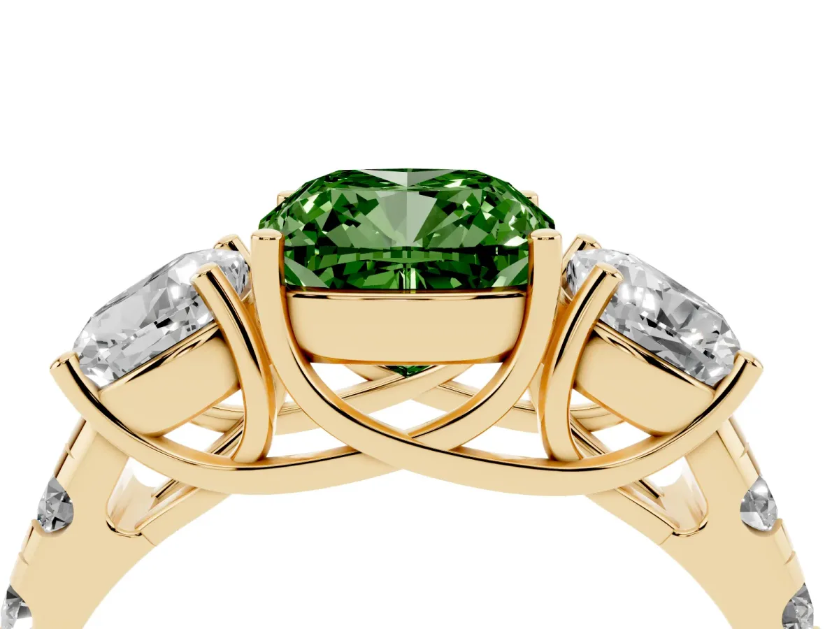 Fancy Green Three-Stone Cushion Cut Diamond Pavé Band with Prong Setting Yellow gold