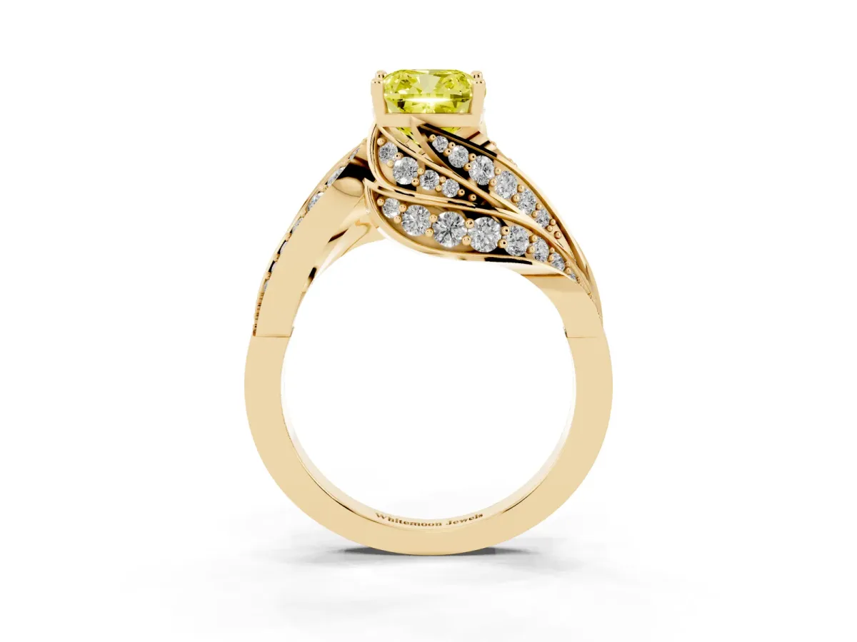 Fancy Yellow Cushion Cut Diamond Solitaire Ring with Prong Setting and Twisted Pavé Band Yellow gold