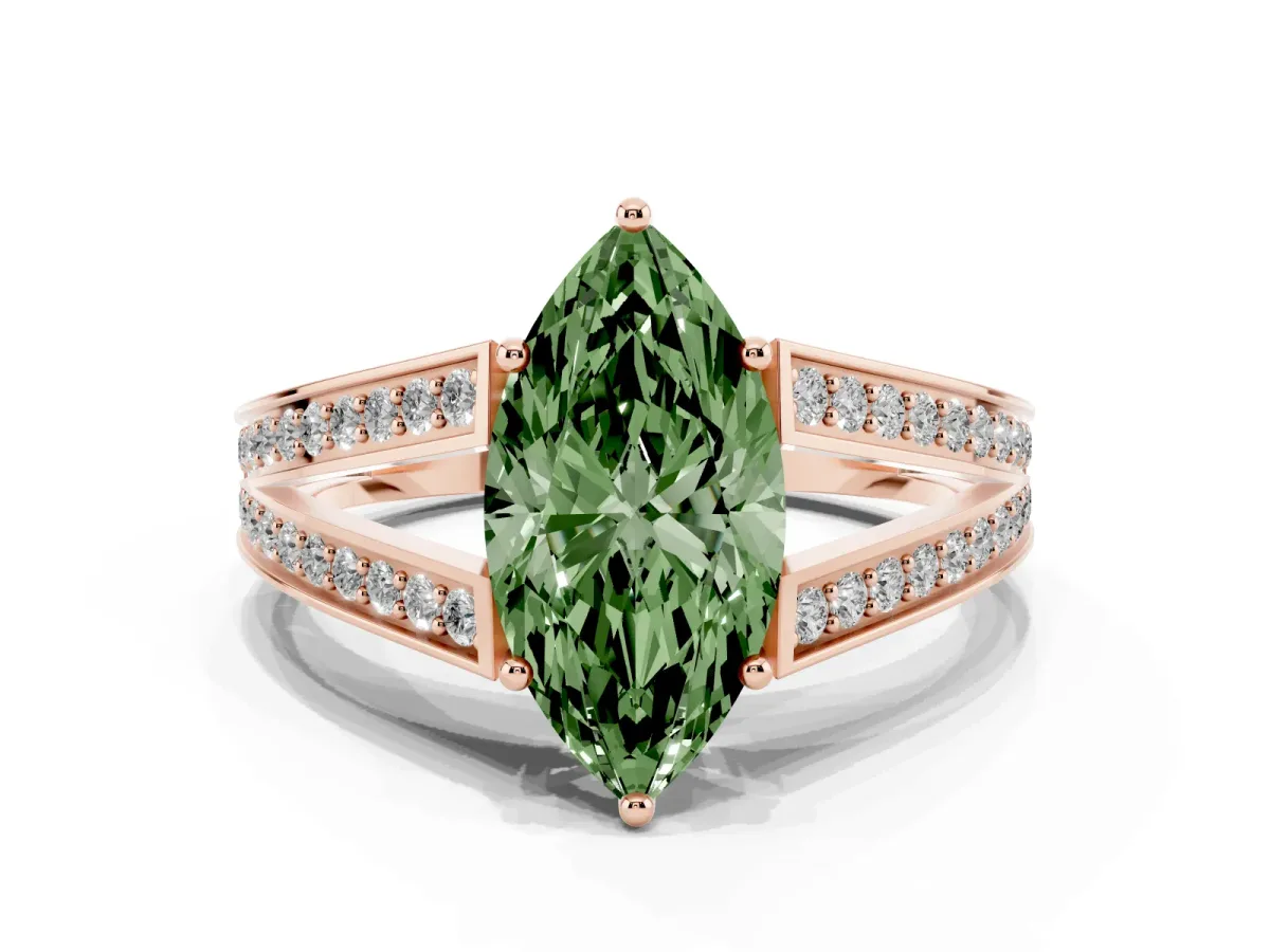 Fancy Green Marquise Cut Diamond Split Shank Ring with Pavé Band and Four-Prong Setting Rose gold