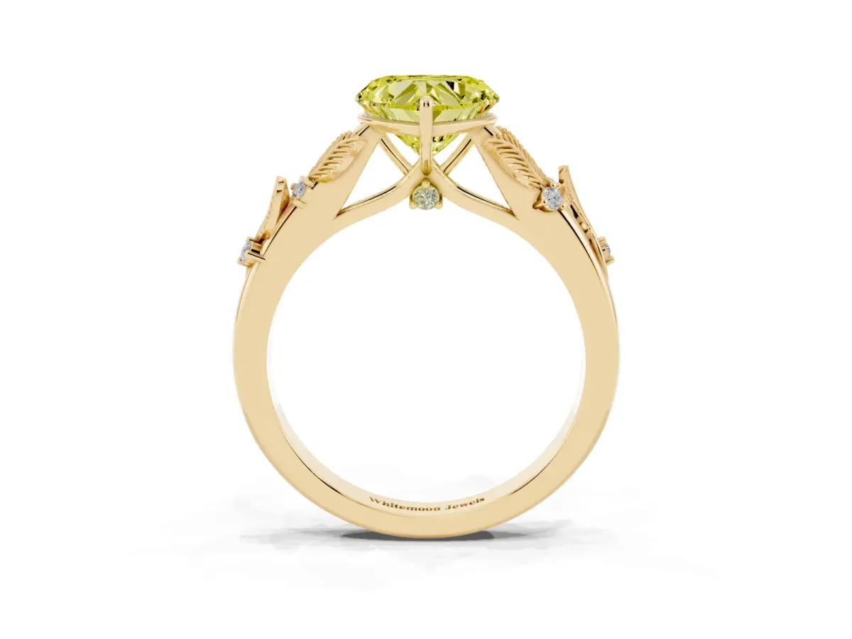 Fancy Yellow Heart Cut Diamond Solitaire Ring with Leaf Motif Band and Four-Prong Setting Yellow gold