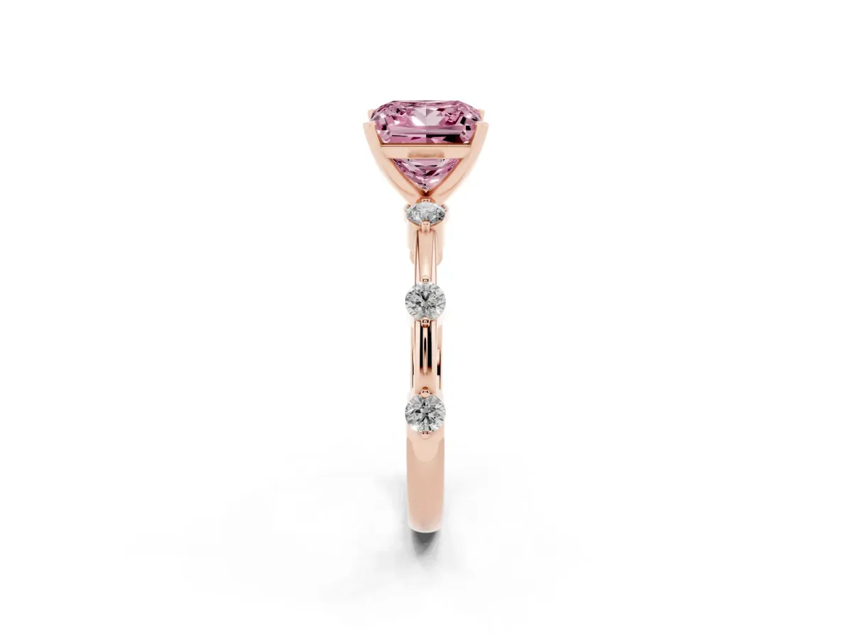 Fancy Pink Princess Cut Solitaire Diamond Ring with Bezel Set Side Stones and Prong Setting Rose gold