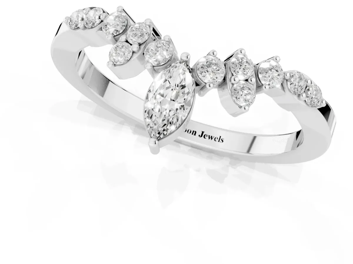 Marquise and Round Diamond Chevron Band with Prong Setting Platinum