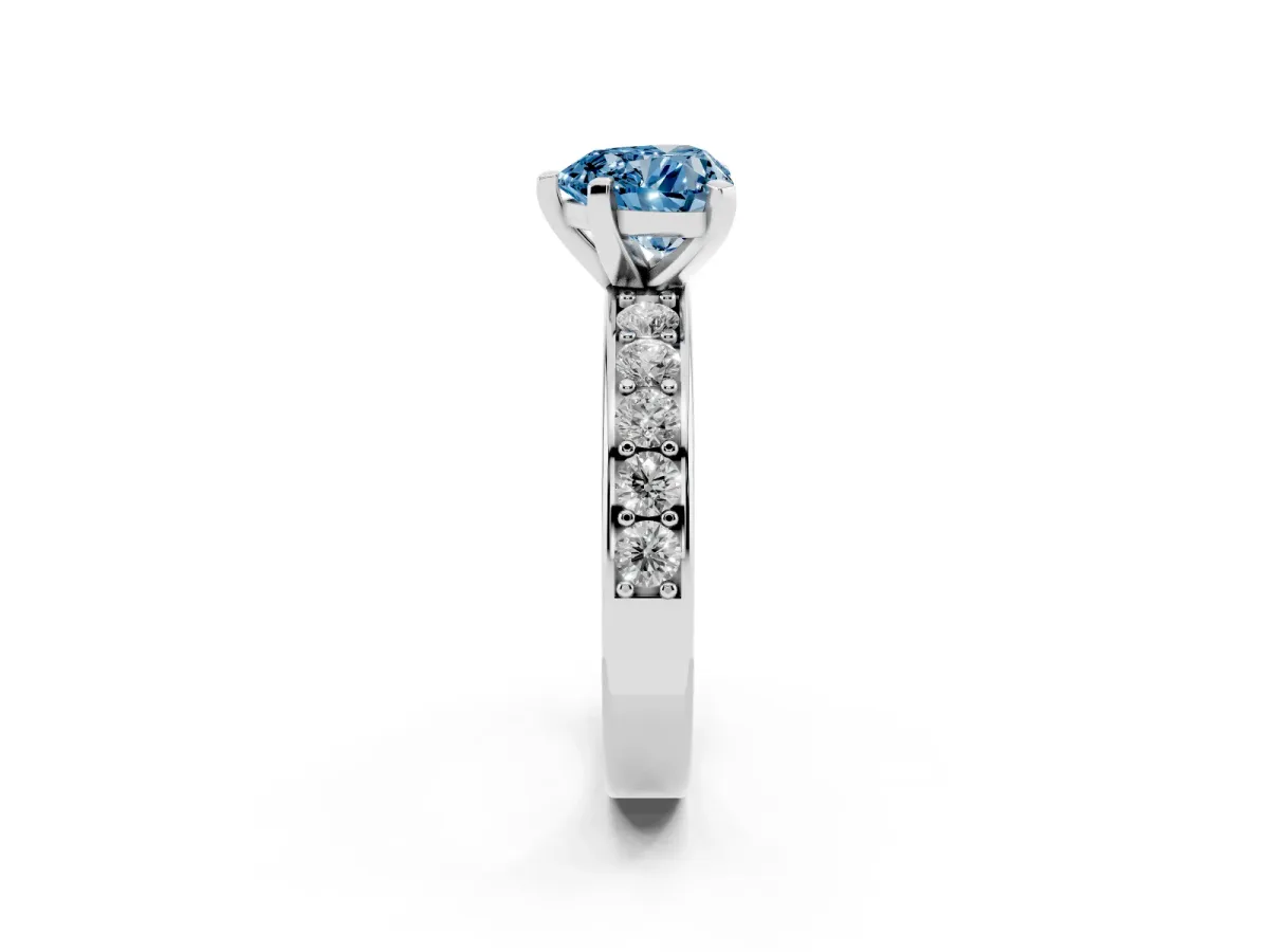 Fancy Blue Heart Cut Diamond Engagement Ring with Channel Set Round Band and Prong Setting Silver