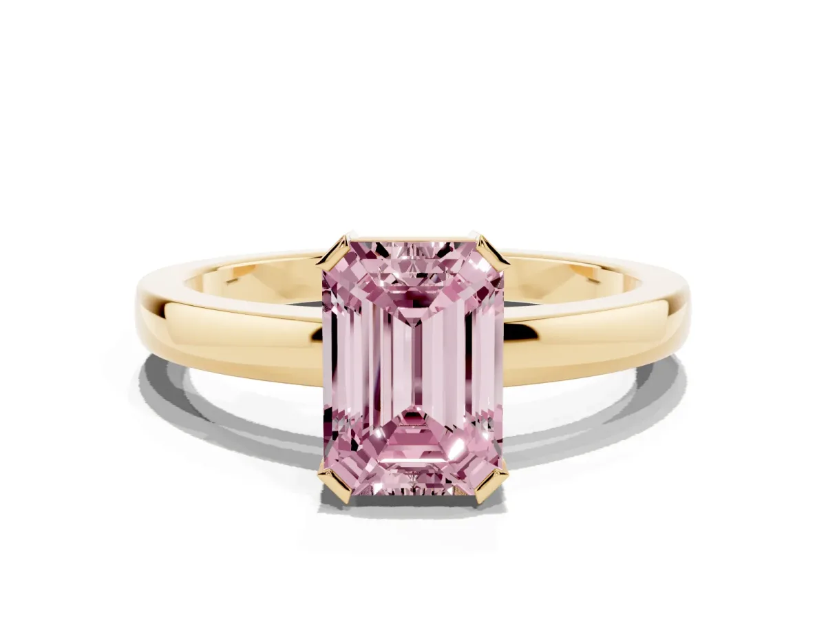 Fancy Pink Emerald Cut Cut Solitaire Ring with Four-Prong Setting and Classic Band Yellow gold