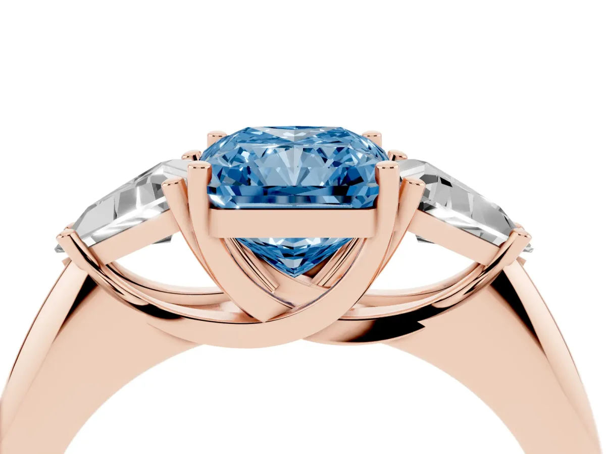 Fancy Blue Three-Stone Radiant Cut Diamond Engagement Ring with Trillion Side Stones and Prong Setting Rose gold