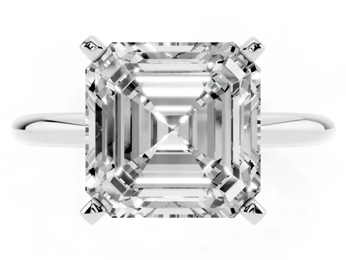 Asscher Cut Diamond Solitaire Ring with Prong Setting and Classic Band Silver