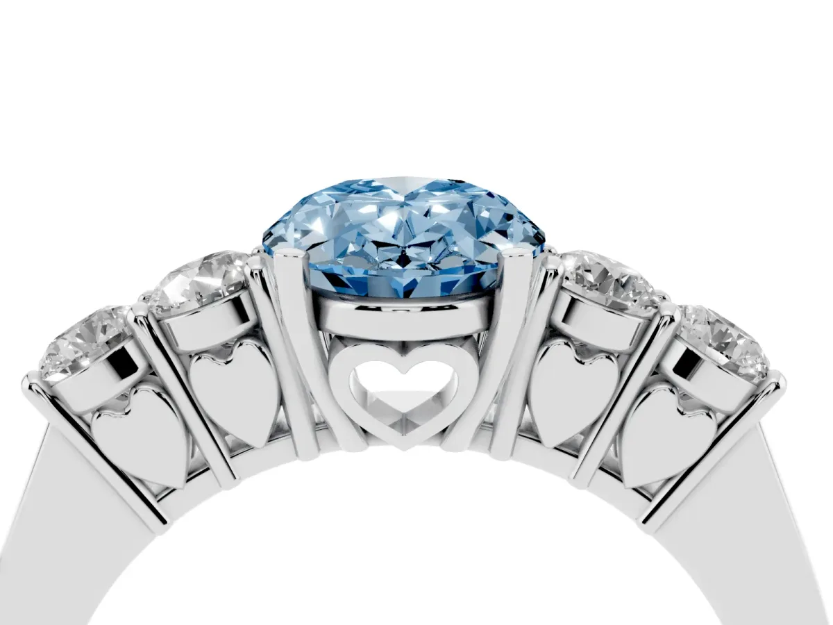 Fancy Blue Oval Cut Cut Diamond Five-Stone Prong Set White Gold Ring Silver