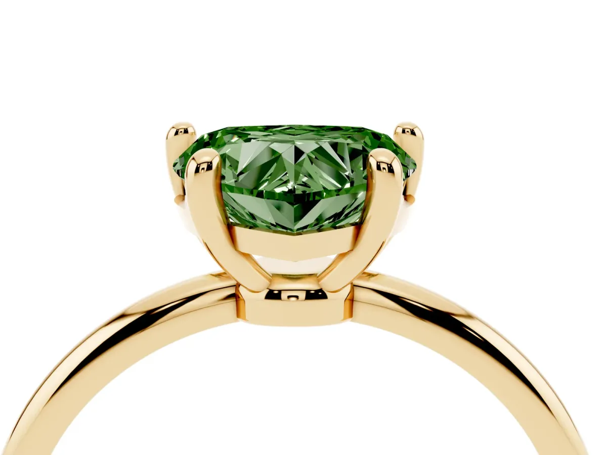 Fancy Green Heart Cut Solitaire Diamond Ring with 4-Prong Setting on a Classic Band Yellow gold