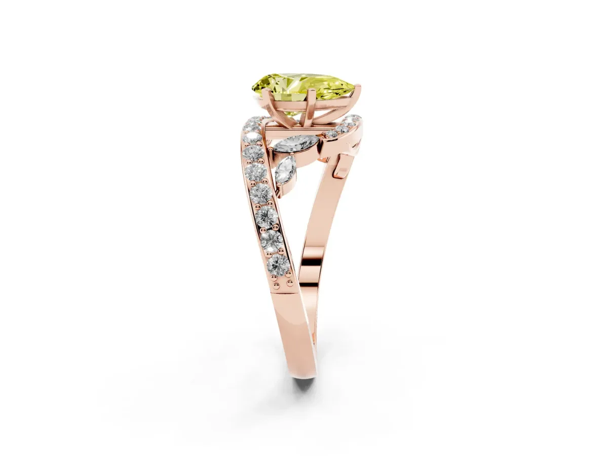 Fancy Yellow Pear Cut Solitaire with Pavé Twist Band and Four-Prong Setting Rose gold