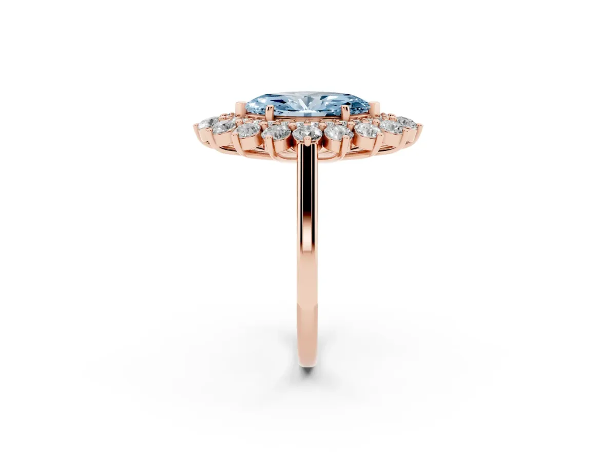Fancy Blue Marquise Cut Diamond Floral Double Halo Engagement Ring with Prong Setting Rose gold