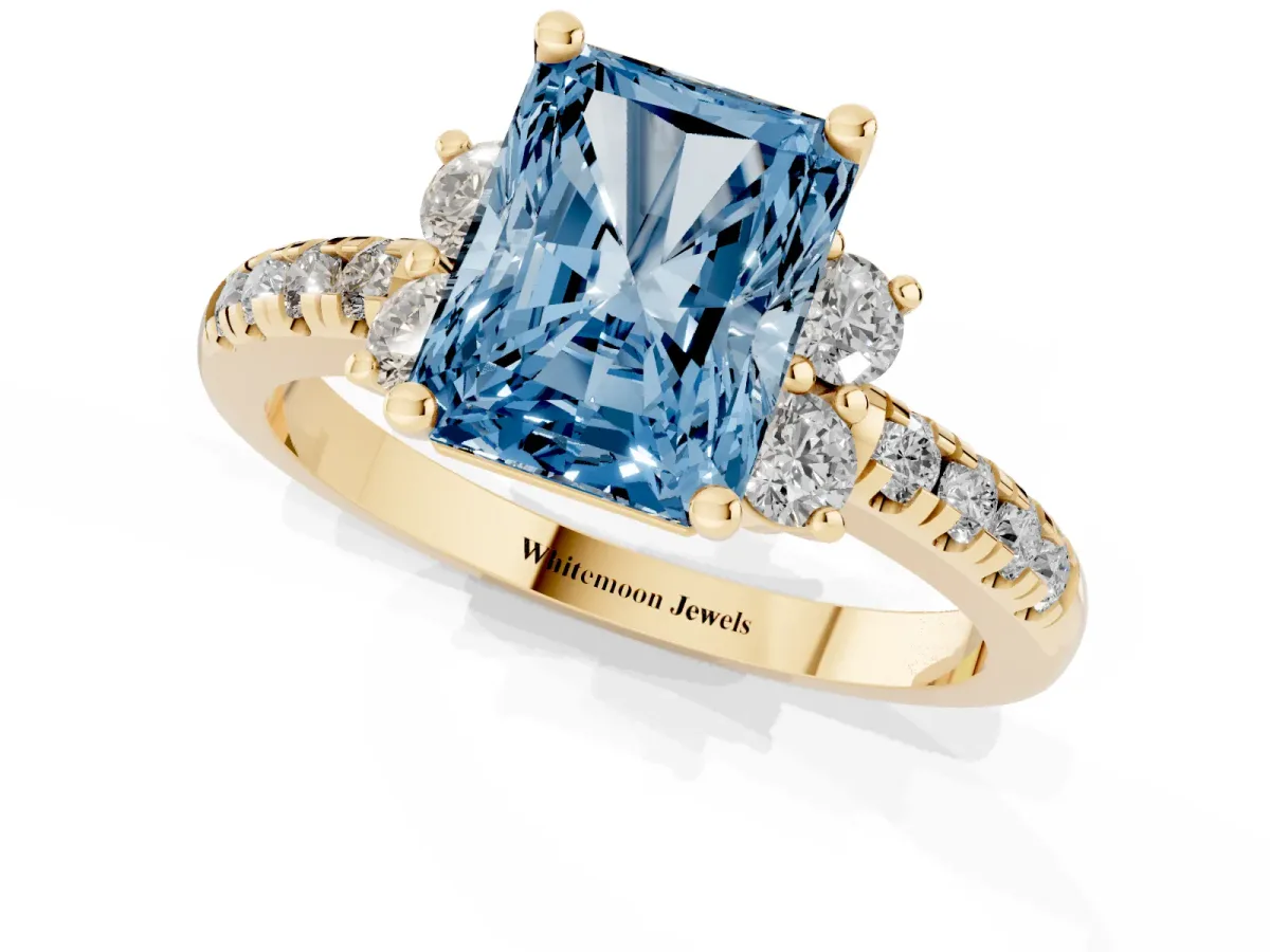 Fancy Blue Radiant Cut Diamond Three-Stone Pave Band with Four-Prong Setting Yellow gold