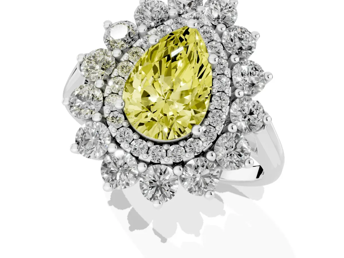 Fancy Yellow Pear Cut Diamond Floral Double Halo Engagement Ring with Prong Setting Silver