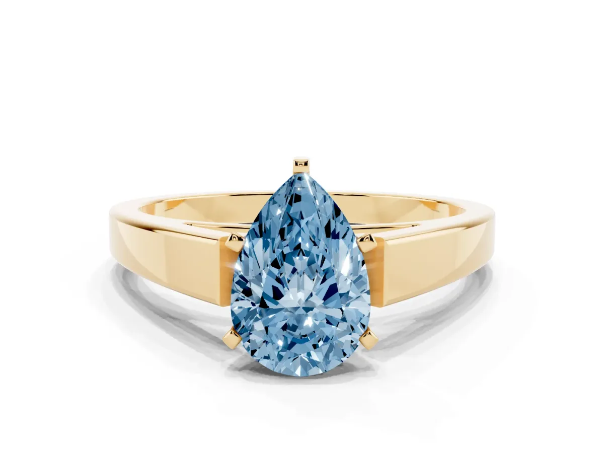 Fancy Blue Pear Cut Solitaire Engagement Ring with Four-Prong Setting and Tapered Band Yellow gold