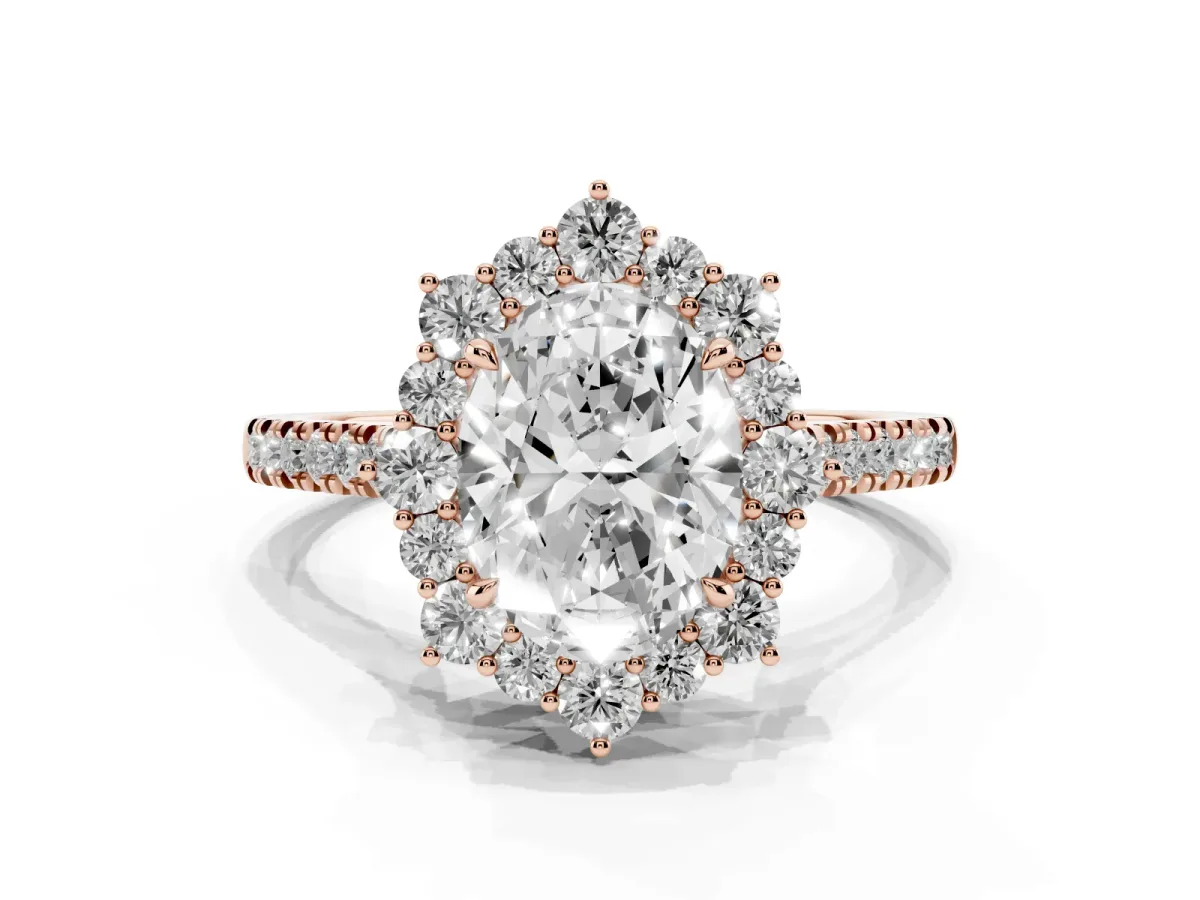 Oval Cut Halo Diamond Ring with Pavé Band and Prong Setting Rose gold