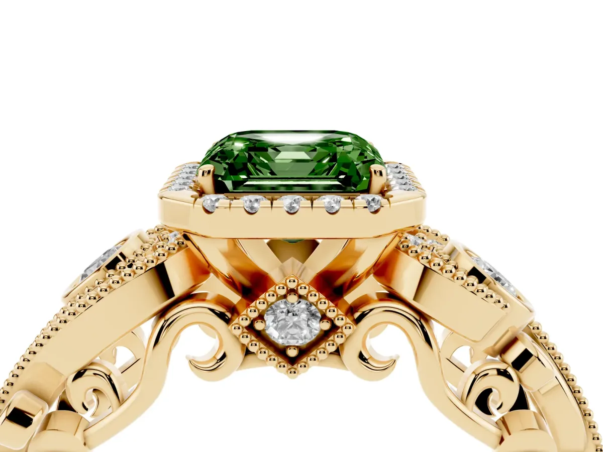 Fancy Green Asscher Cut Diamond Halo Ring with Milgrain Pavé Band and Four-Prong Setting Yellow gold