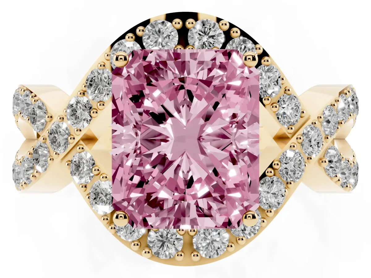 Fancy Pink Radiant Cut Solitaire Twist Band Pavé Diamond Engagement Ring Yellow gold