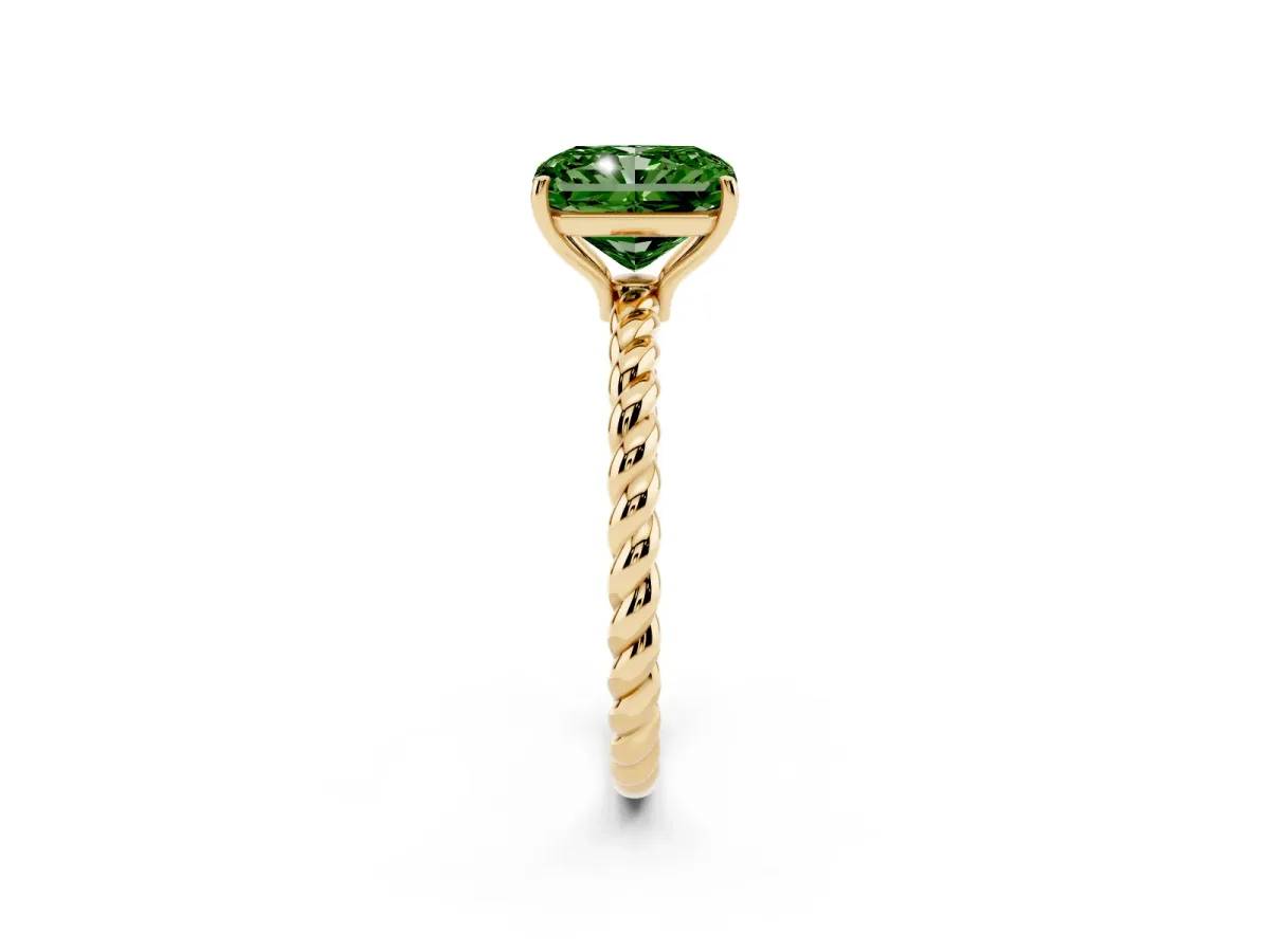 Fancy Green Radiant Cut Solitaire Twist Band Ring with Four-Prong Setting Yellow gold