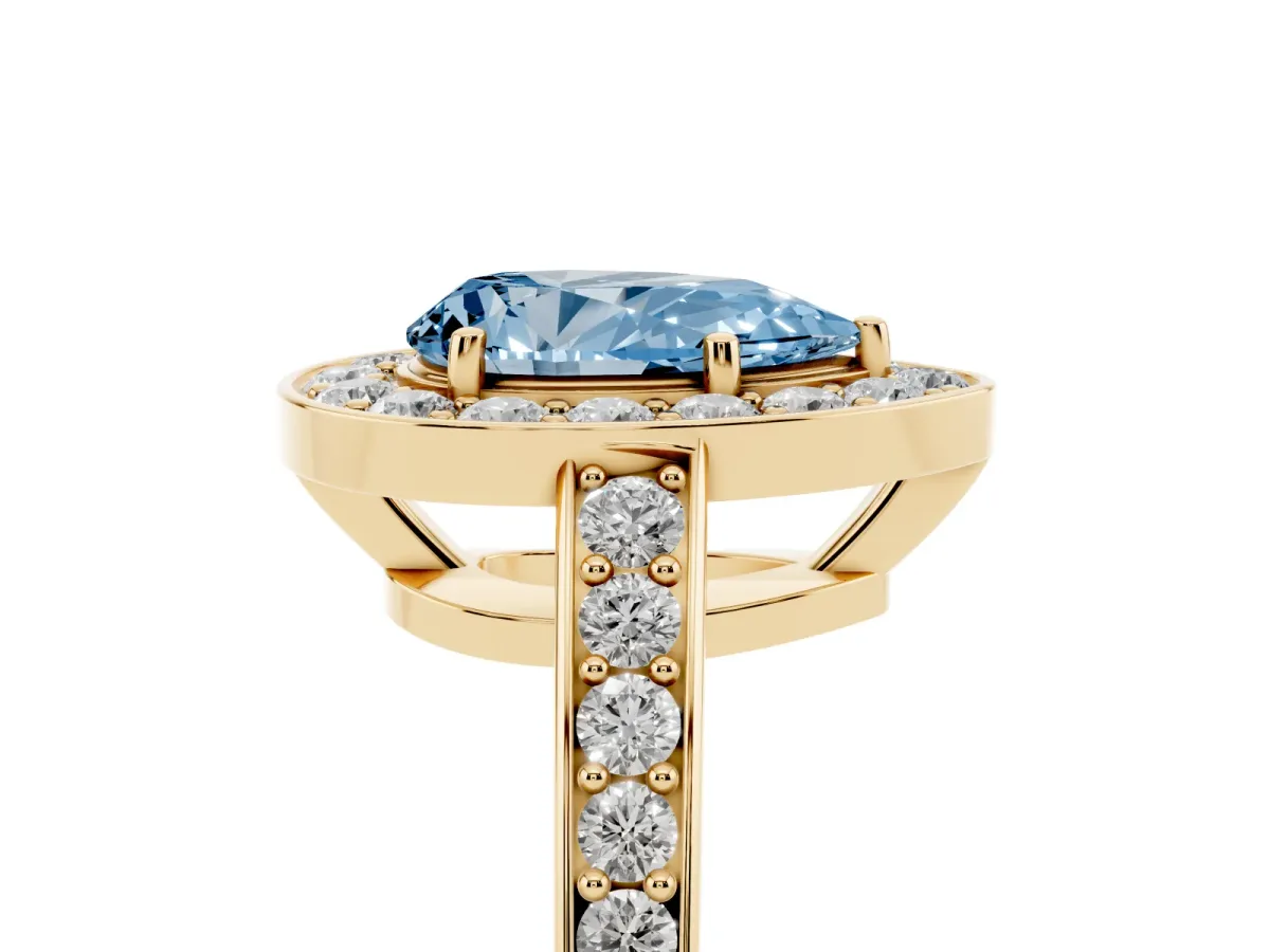 Fancy Blue Pear Cut Halo Pavé Diamond Engagement Ring with Bezel Setting Yellow gold