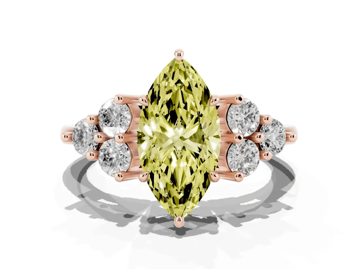 Fancy Yellow Marquise Cut Brilliant Diamond Cluster Accent Solitaire Ring with Prong Setting Rose gold