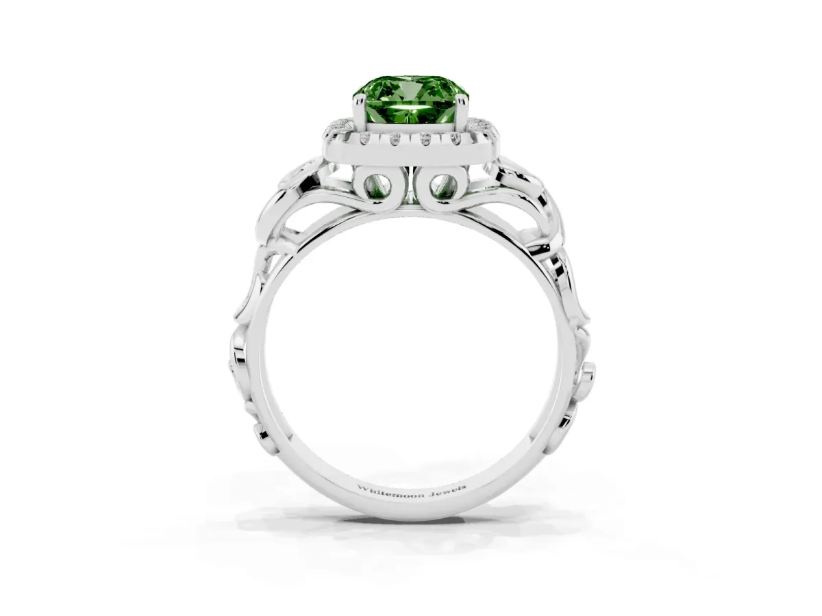 Fancy Green Cushion Cut Cut Halo Diamond Ring with Scrollwork Band and Four-Prong Setting Silver