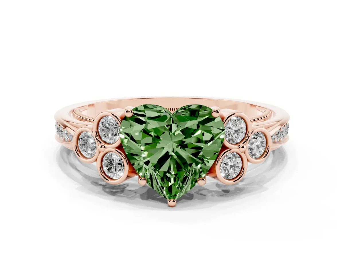 Fancy Green Heart Cut Cut Diamond Engagement Ring with Bezel Set Round Side Stones and Prong Setting Rose gold