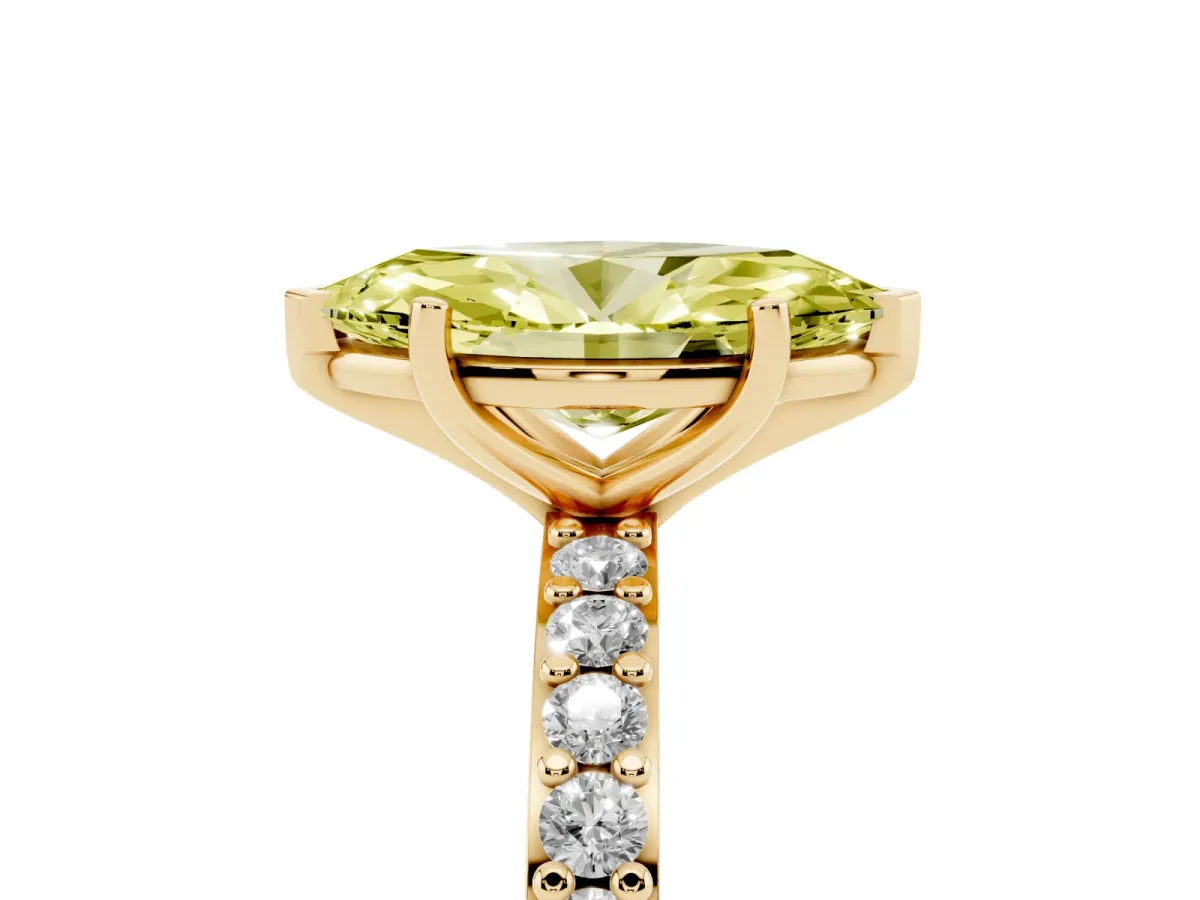 Fancy Yellow Marquise Cut Cut Diamond Solitaire with Pave Band and Four-Prong Setting Yellow gold