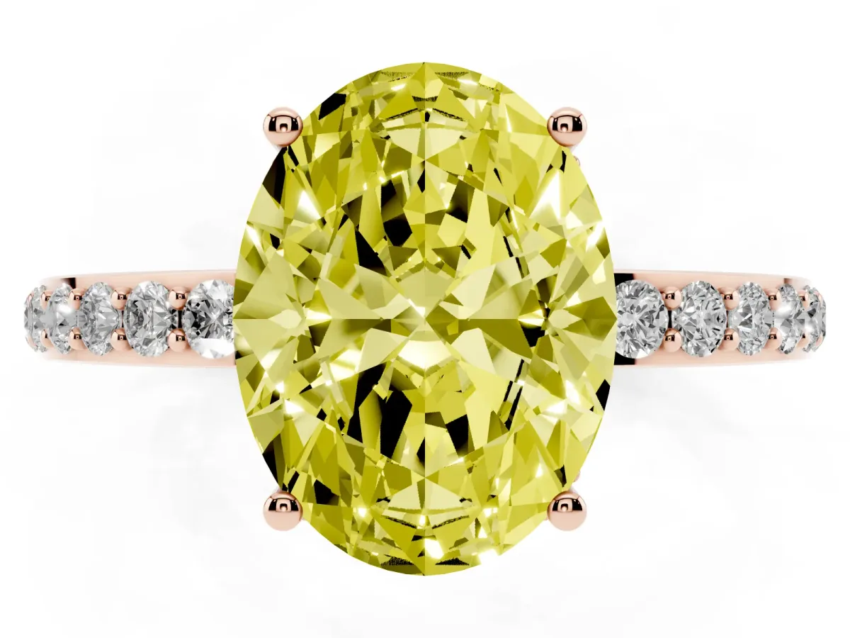 Fancy Yellow Oval Cut Diamond Solitaire Ring with Pavé Band and Hidden Halo Rose gold