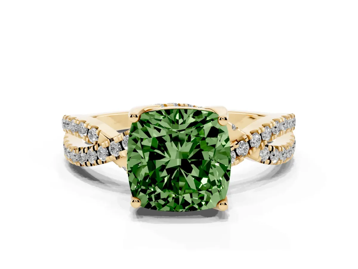 Fancy Green Cushion Cut Solitaire Twist Pave Diamond Engagement Ring with Prong Setting Yellow gold
