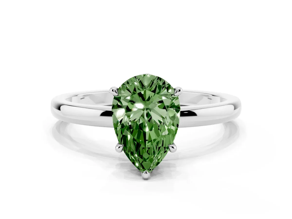 Fancy Green Pear Cut Solitaire Engagement Ring with Cathedral Band and Four-Prong Setting Silver