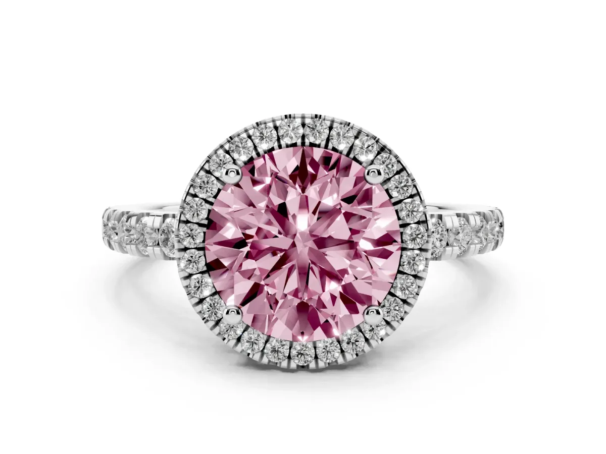 Fancy Pink Round Cut Diamond Halo Ring with Pavé Band and Four-Prong Setting Platinum