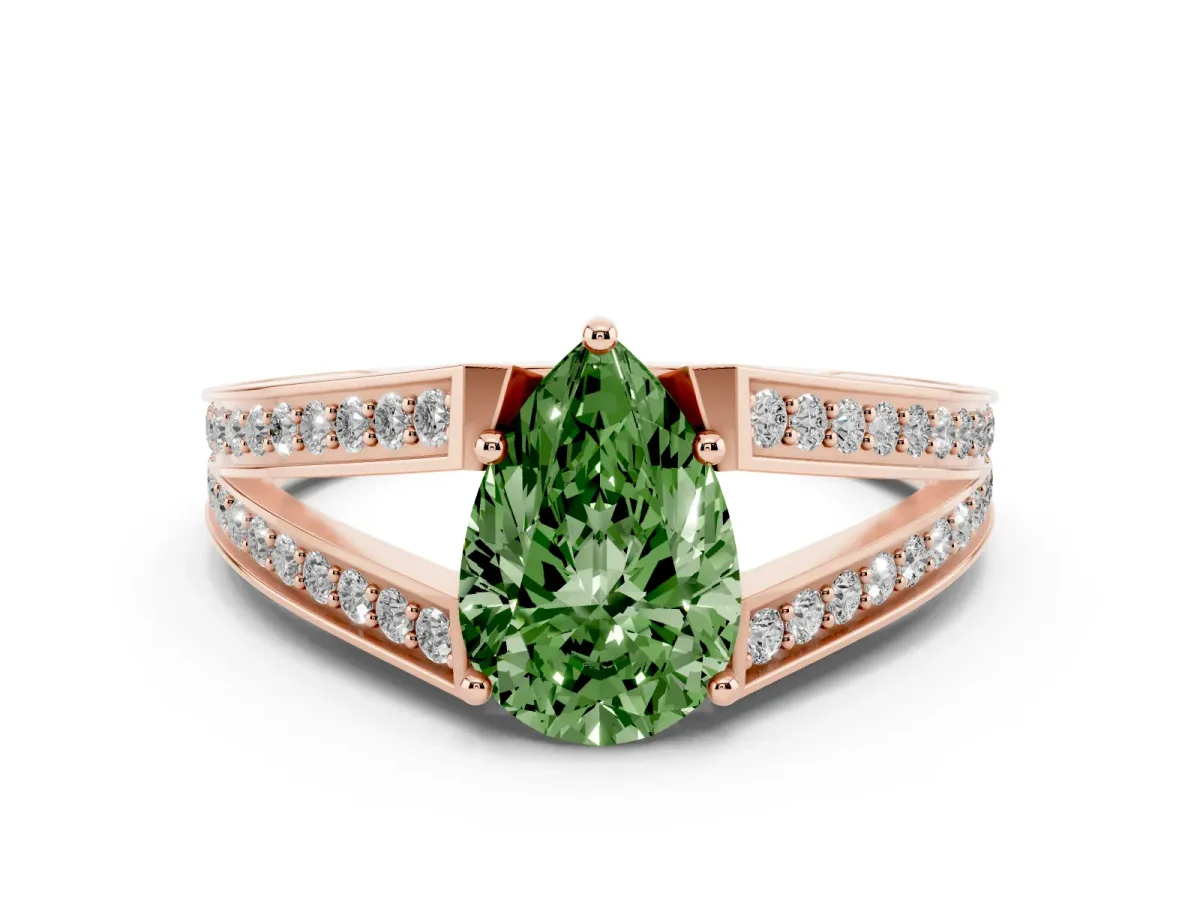 Fancy Green Pear Cut Diamond Split Shank Ring with Pavé Band and Four-Prong Setting Rose gold
