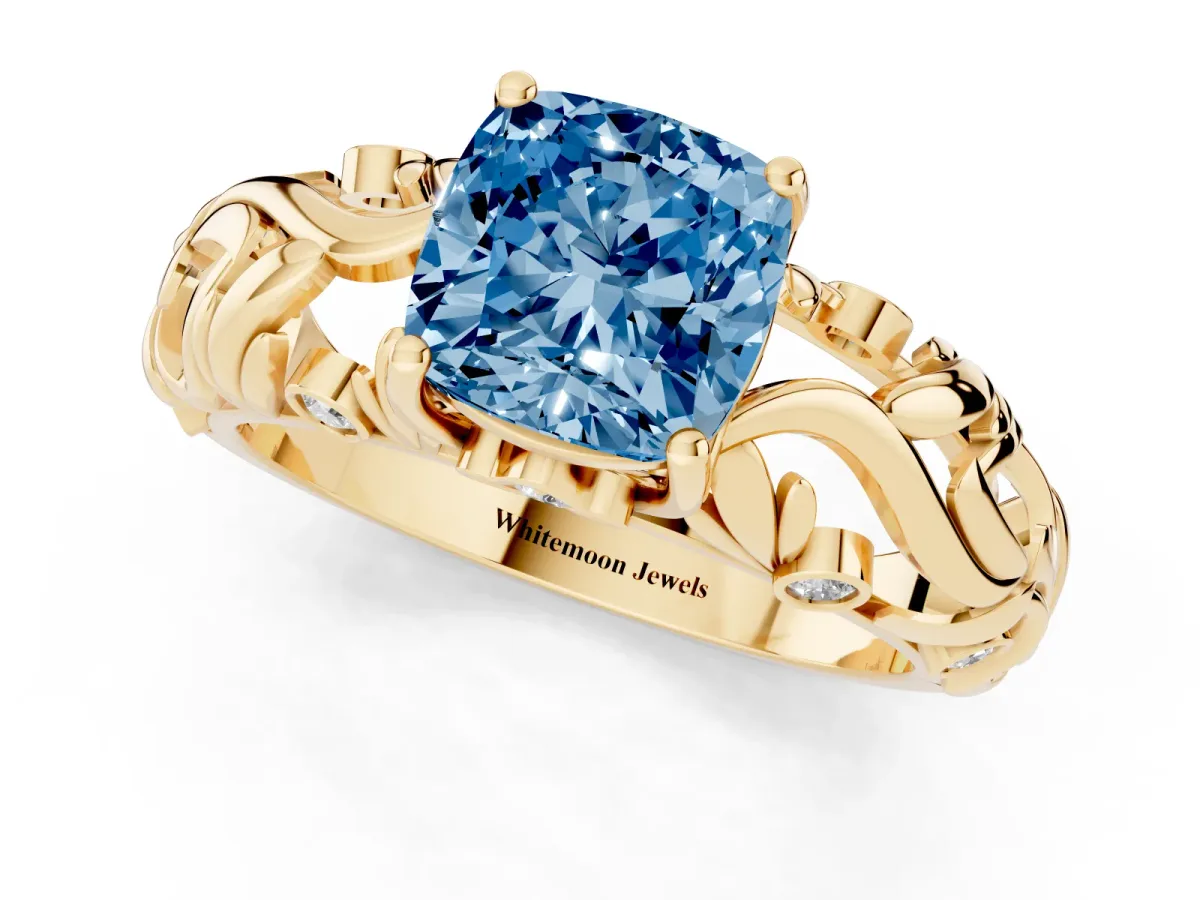 Fancy Blue Cushion Cut Solitaire Diamond Leaf-Inspired Vine Band Ring with Prong Setting Yellow gold