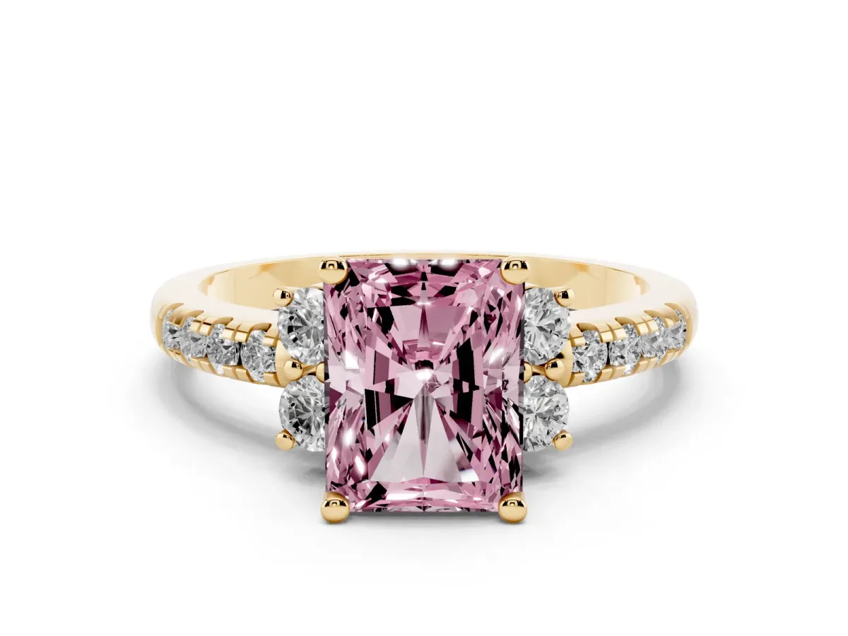Fancy Pink Radiant Cut Diamond Three-Stone Pave Band with Four-Prong Setting Yellow gold