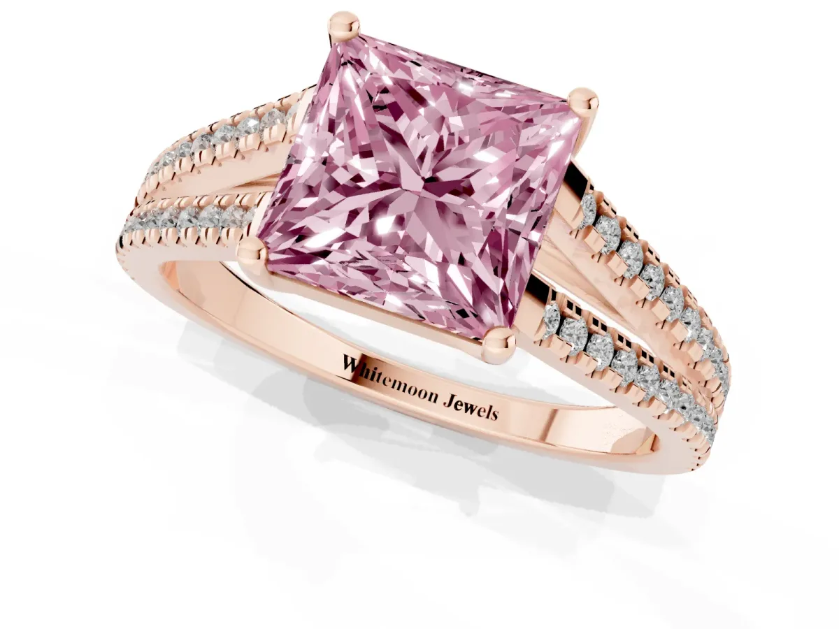 Fancy Pink Princess Cut Diamond Solitaire Engagement Ring with Split Shank Pavé Band Rose gold