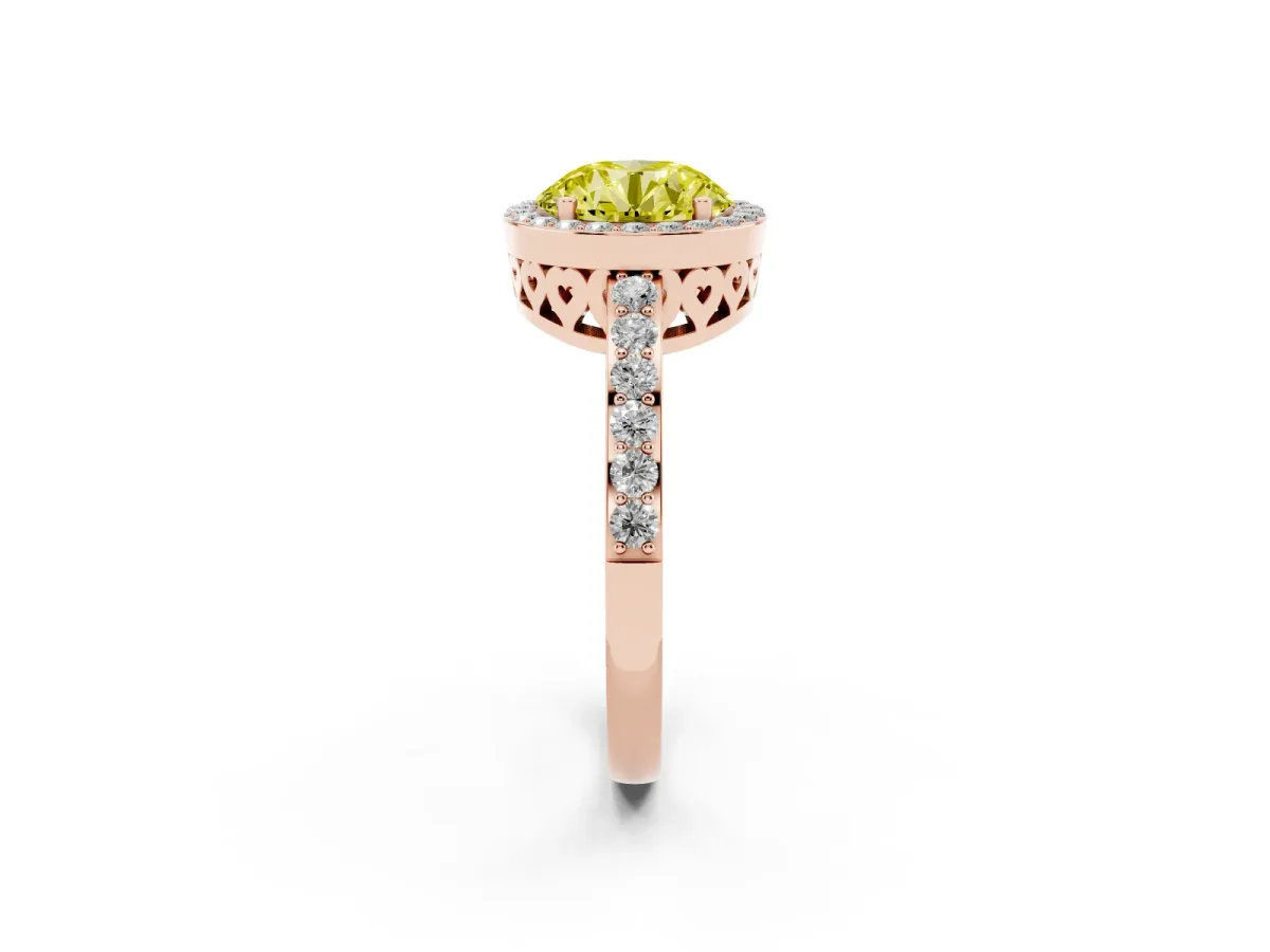 Fancy Yellow Round Cut Halo Diamond Pavé Band Ring with Prong Setting Rose gold