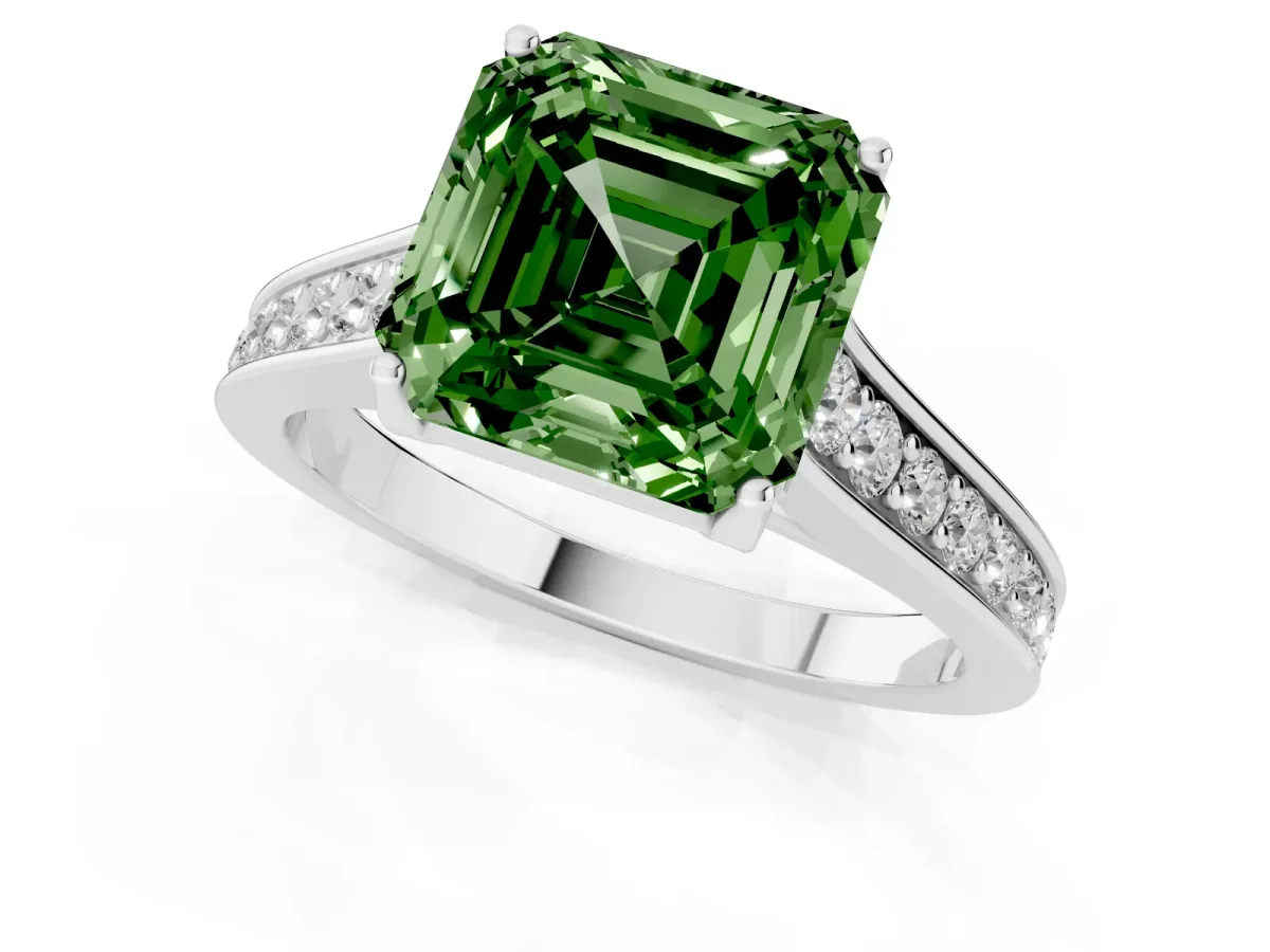 Fancy Green Asscher Cut Brilliant Cut Diamond Engagement Ring with Pavé Band and Four-Prong Setting Platinum
