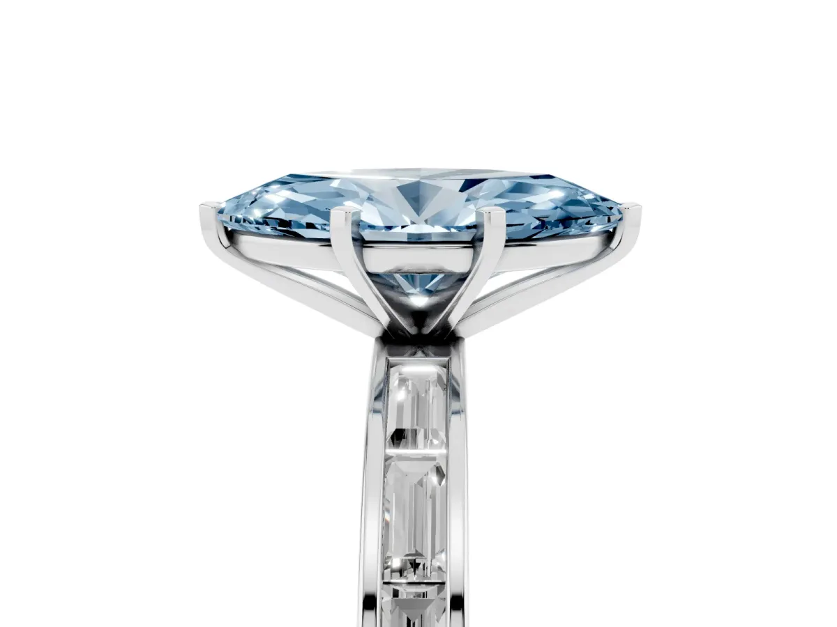 Fancy Blue Marquise Cut Solitaire Diamond Ring with Channel-Set Baguette Band and Four-Prong Setting White gold