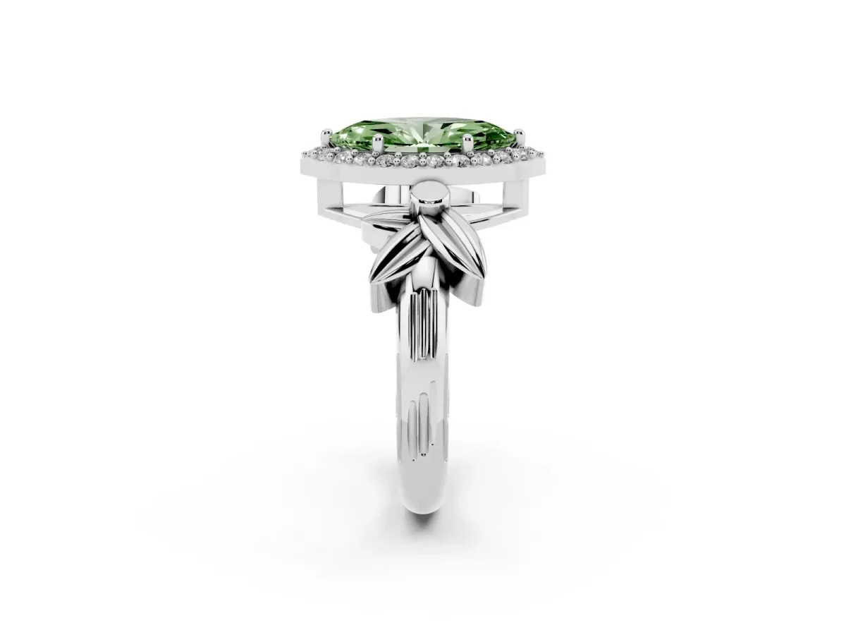 Fancy Green Marquise Cut Halo Diamond Floral Band with Four-Prong Setting White gold