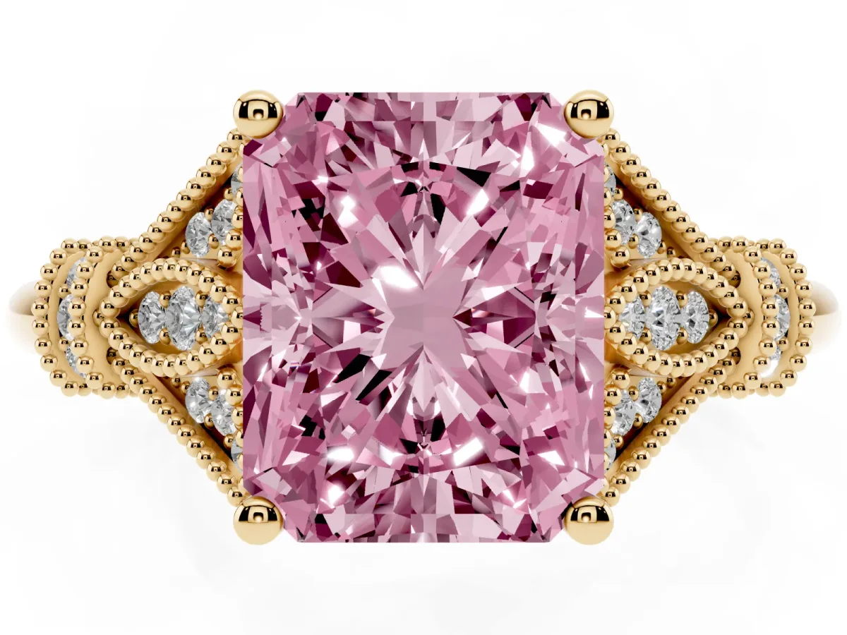 Fancy Pink Radiant Cut Diamond Solitaire Ring with Floral Filigree and Pave Accents Yellow gold