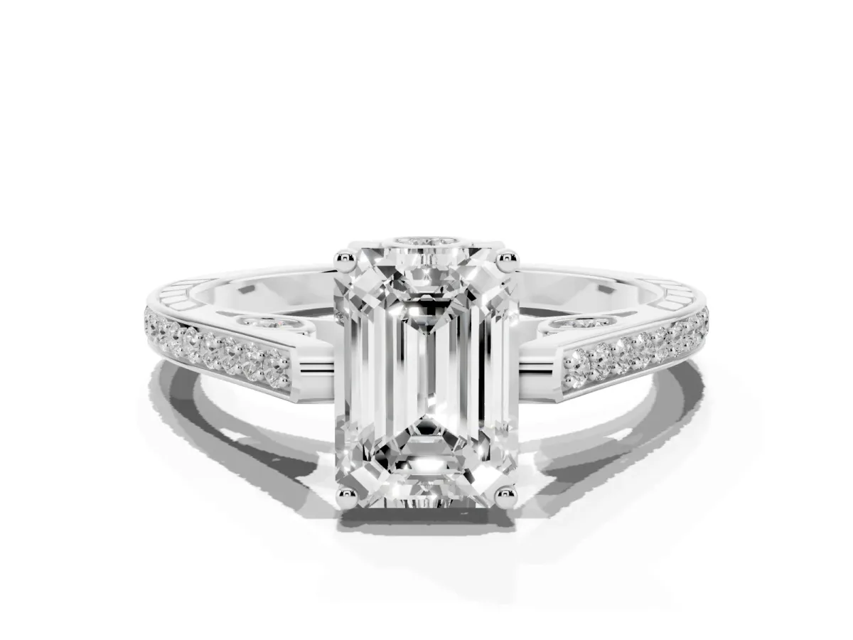 Emerald Cut Cut Cathedral Pave Diamond Engagement Ring with Six-Prong Setting Platinum