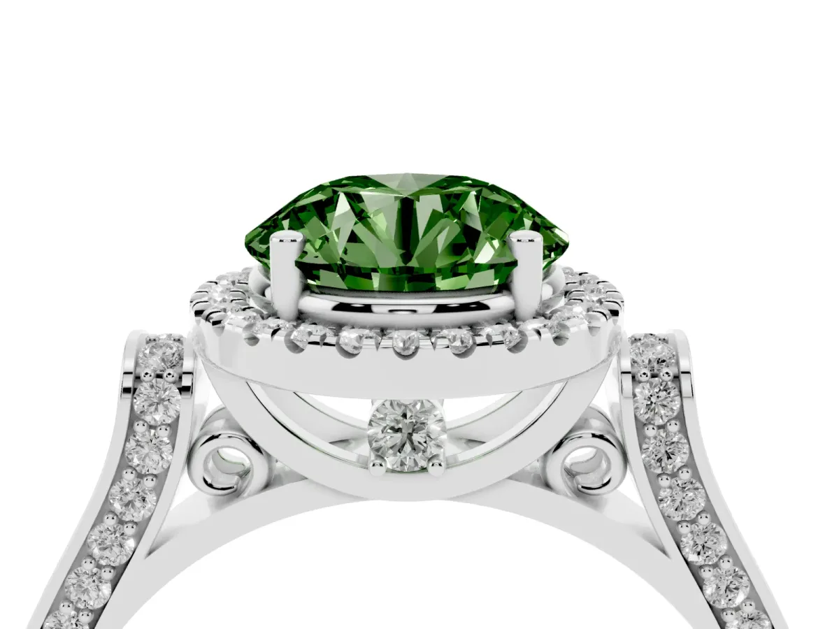 Fancy Green Round Cut Halo Pave Split Shank Prong Setting Ring Silver