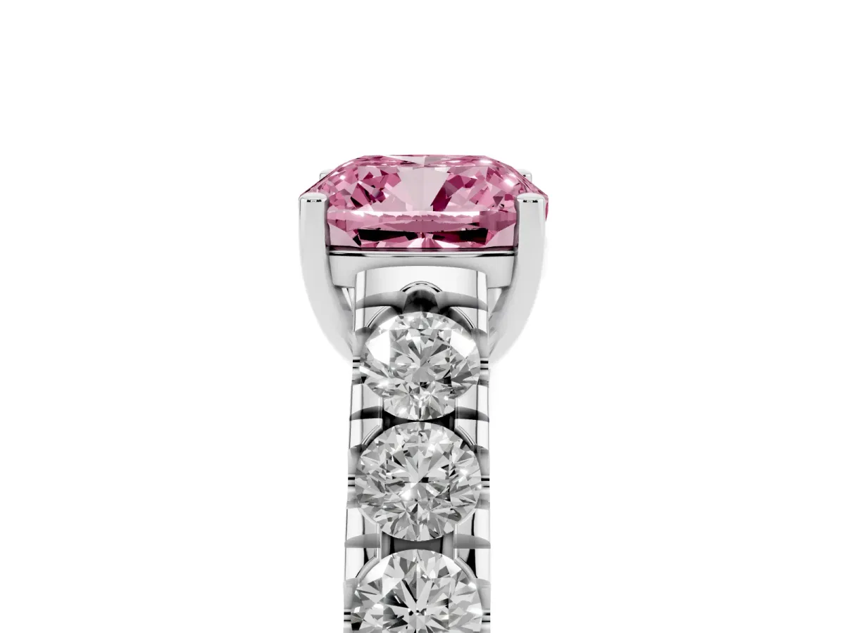 Fancy Pink Cushion Cut Cut Diamond Solitaire Ring with Micro Pave Band and Prong Setting Silver