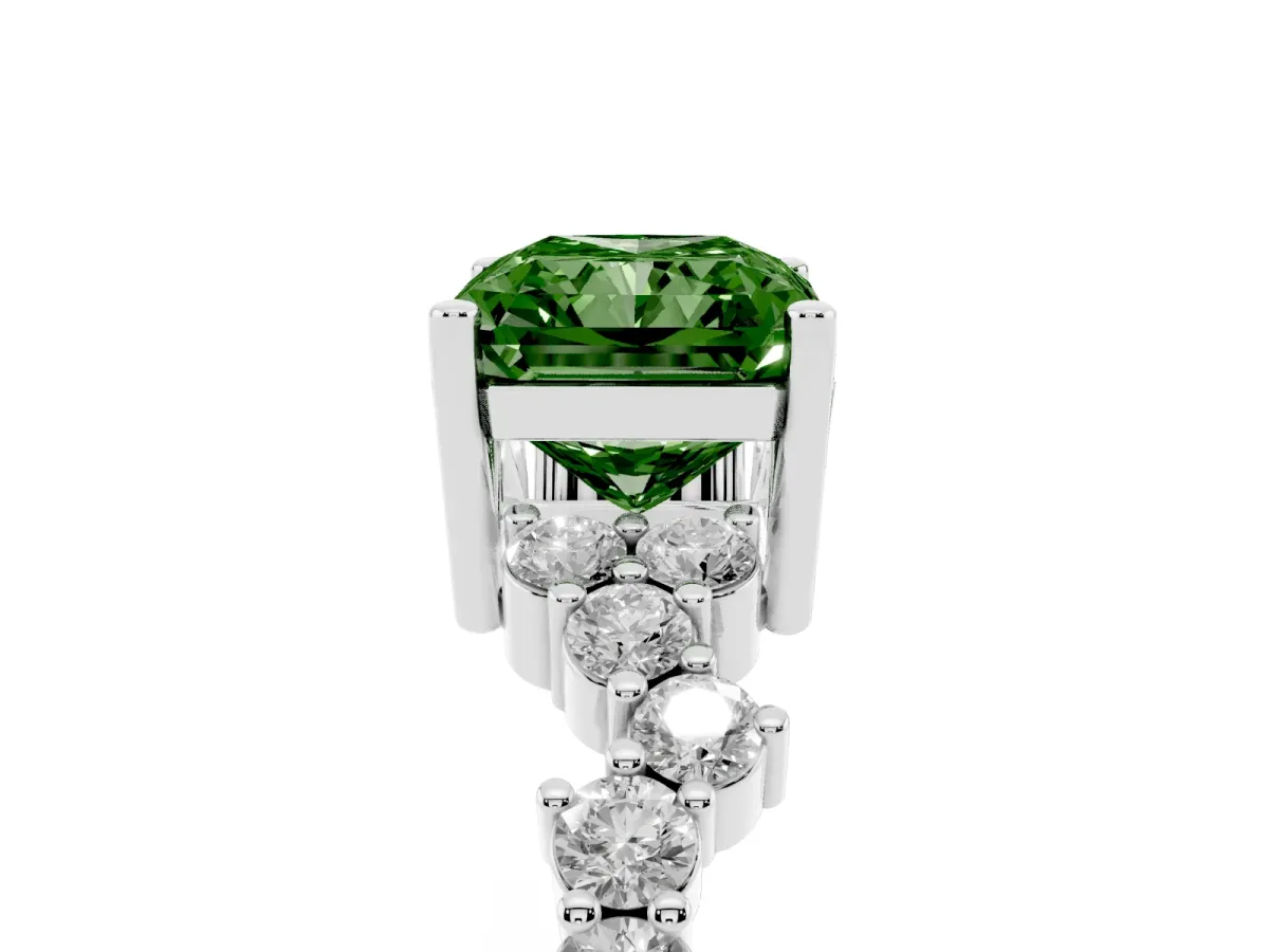 Fancy Green Radiant Cut Diamond Scattered Round Accent Ring with Prong Setting White gold